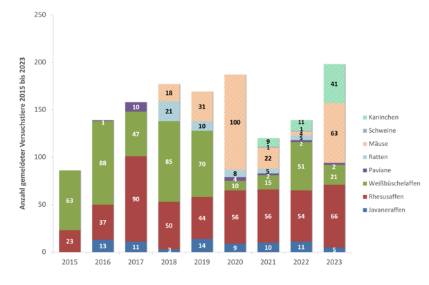 Anzahl und Art gemeldeter Versuchstiere am DPZ von 2015 bis 2023. Grafik: Sylvia Ranneberg