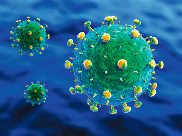Eine computergenerierte, vereinfachte Darstellung von HIV-Partikeln. Quelle: Shutterstock BioMedical